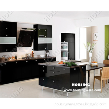 Black High Gloss Finish Kitchen with Stainless Steel Handles